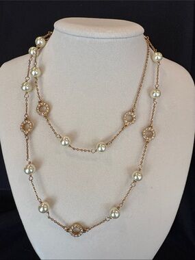 J Crew Gold Pearl Station Long Necklace with Crystal Circles